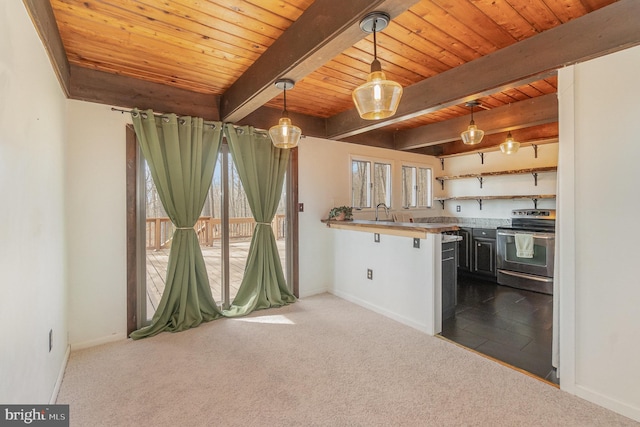 kitchen featuring beamed ceiling, wooden ceiling, electric stove, dark colored carpet, and open shelves