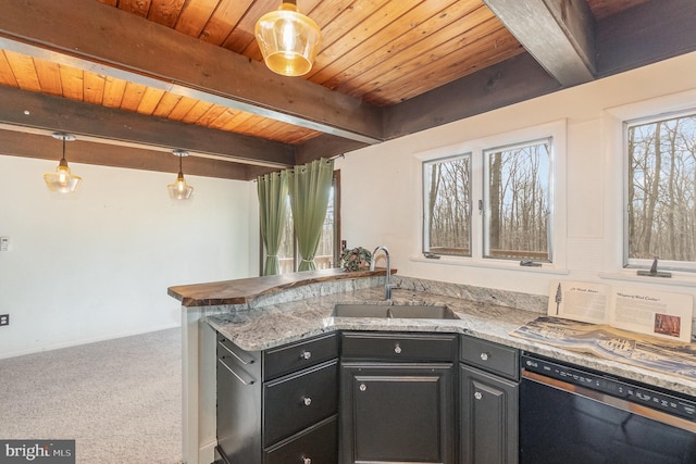 kitchen featuring a peninsula, a sink, black dishwasher, wood ceiling, and beamed ceiling