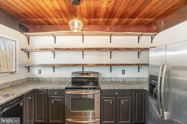 kitchen featuring open shelves, beamed ceiling, wood ceiling, and appliances with stainless steel finishes