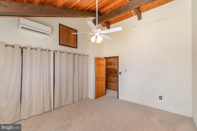 interior space featuring carpet, beamed ceiling, wood ceiling, a wall unit AC, and high vaulted ceiling