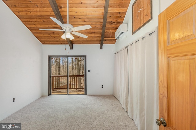 empty room with a wall unit AC, carpet, a ceiling fan, vaulted ceiling with beams, and wooden ceiling