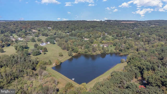 drone / aerial view with a forest view and a water view