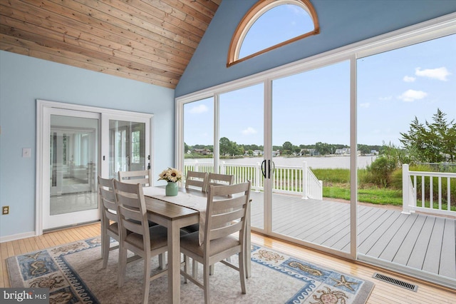 sunroom featuring visible vents, french doors, wooden ceiling, and vaulted ceiling