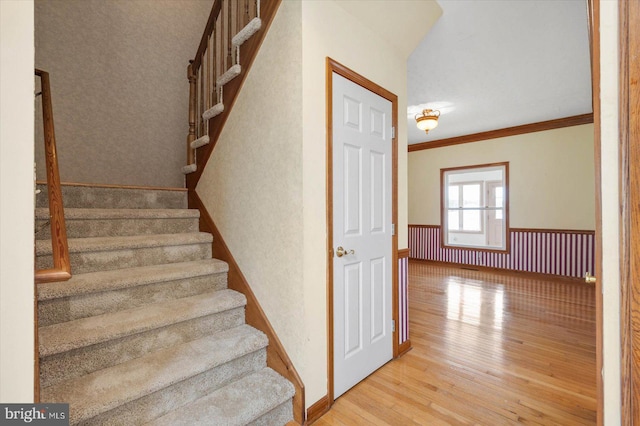 stairs featuring a wainscoted wall, wood finished floors, and crown molding