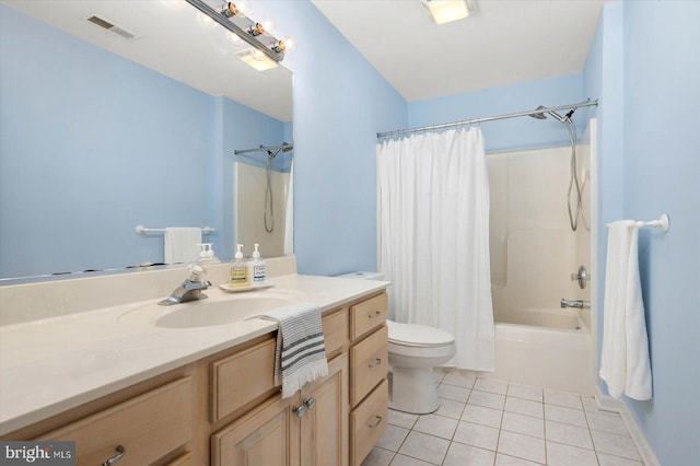 full bathroom featuring tile patterned flooring, visible vents, toilet, vanity, and shower / bathtub combination with curtain