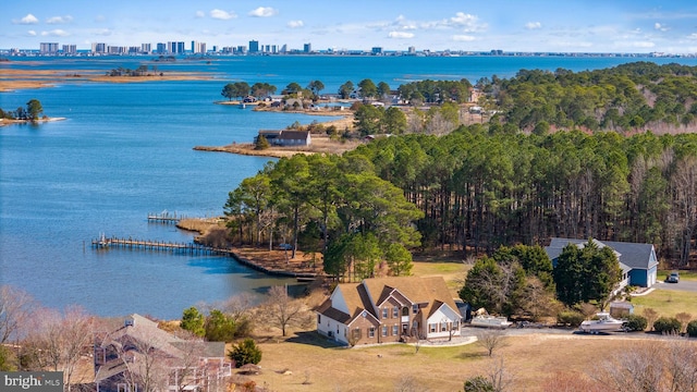 birds eye view of property with a city view and a water view