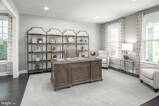 office area featuring recessed lighting, wood finished floors, and baseboards