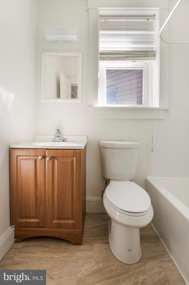 bathroom featuring toilet, a tub, wood finished floors, walk in shower, and vanity