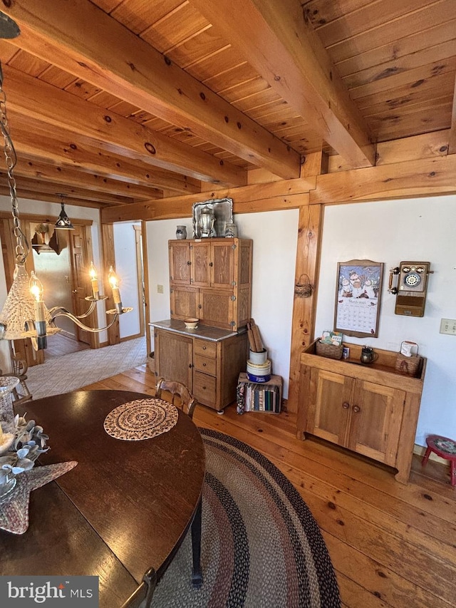 living area featuring beam ceiling, wood ceiling, and light wood-style flooring