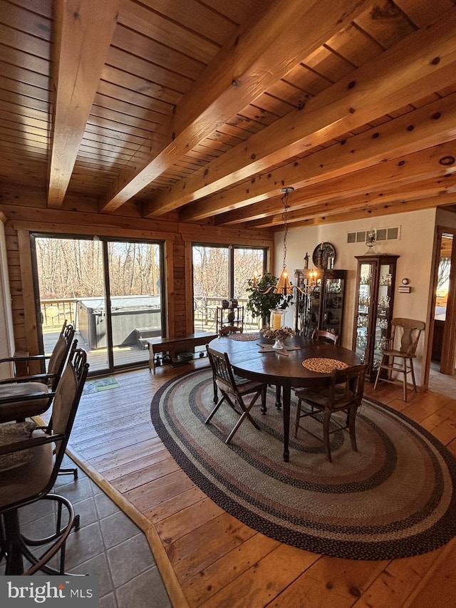 dining area featuring wooden ceiling, beamed ceiling, and dark wood-style flooring