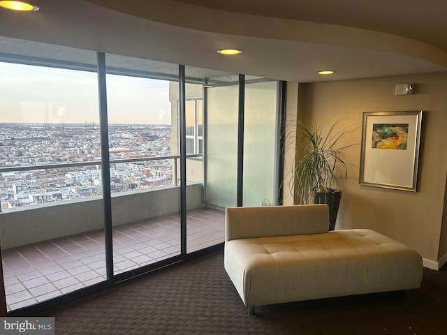 living area with carpet flooring and a city view