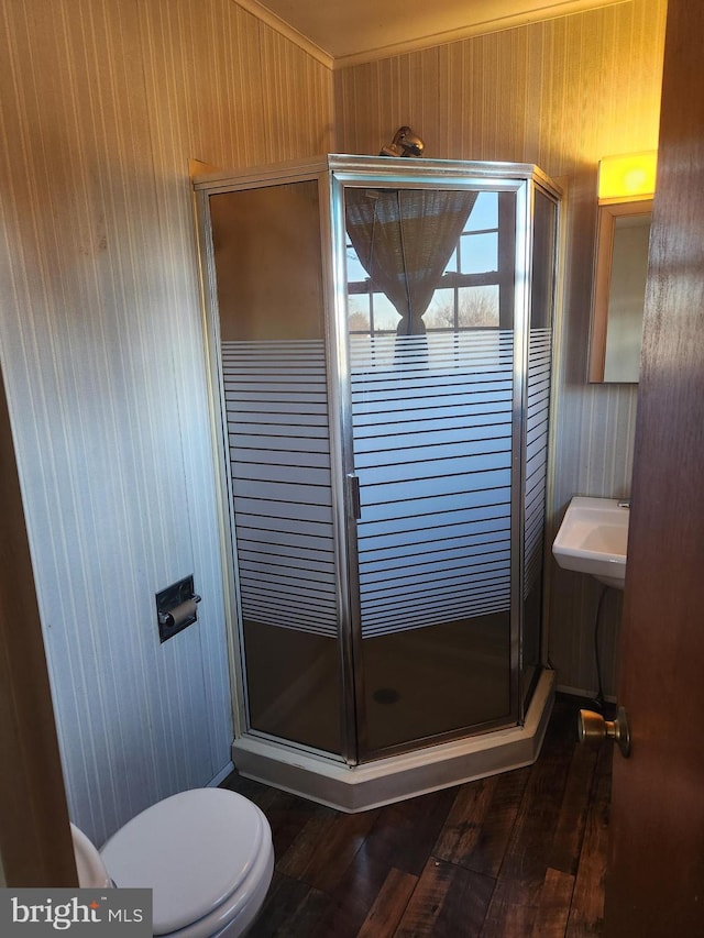 bathroom featuring a shower stall, wooden walls, toilet, and wood finished floors