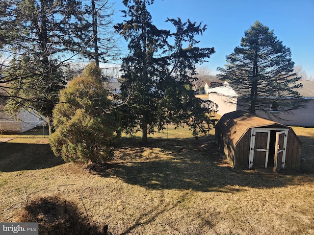 view of yard featuring a storage shed and an outdoor structure