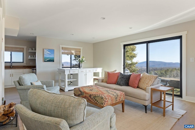 living area featuring light wood-style flooring, a mountain view, baseboards, and a healthy amount of sunlight