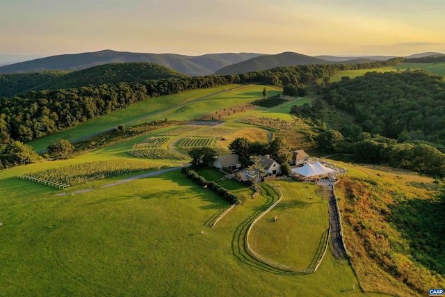 bird's eye view with a mountain view and a rural view