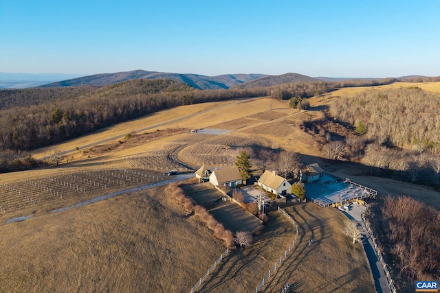 aerial view featuring a mountain view and a rural view