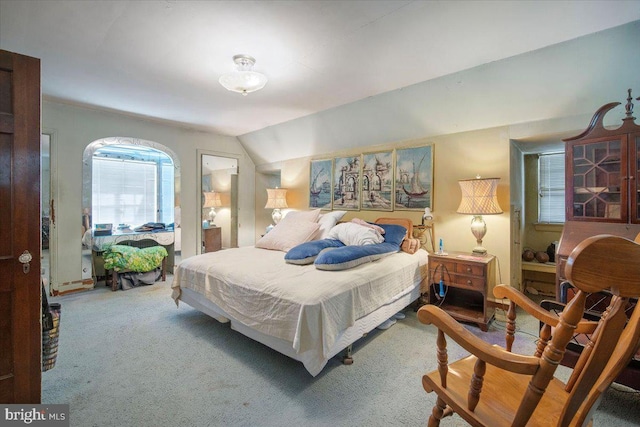 bedroom featuring lofted ceiling and carpet