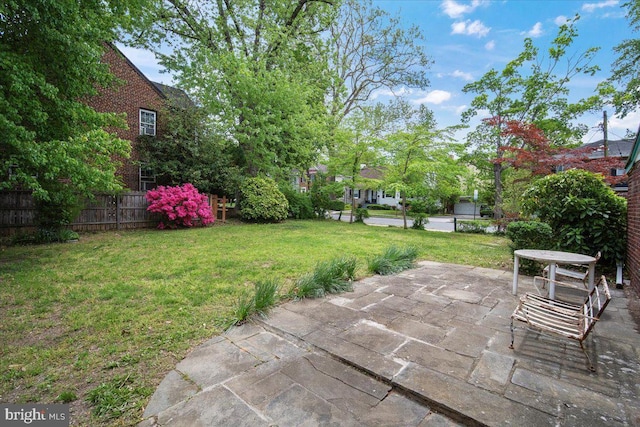 view of yard featuring a patio and fence