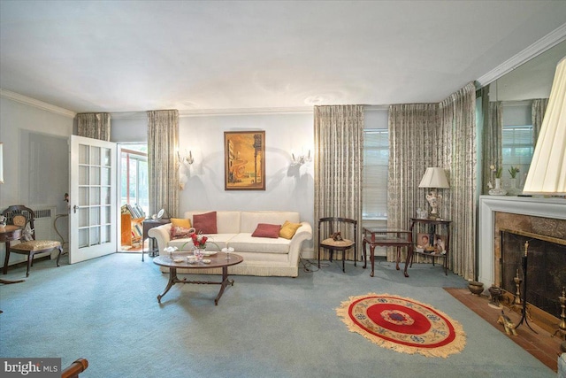 carpeted living area featuring ornamental molding and a fireplace with flush hearth