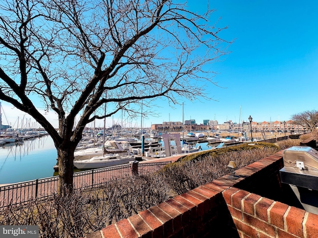 water view with a dock and fence