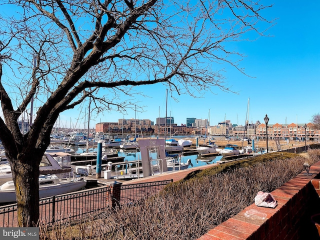 dock area featuring a view of city