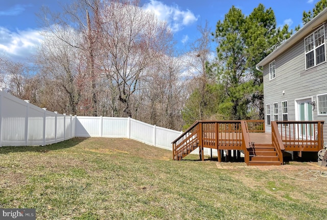 view of yard featuring a fenced backyard and a wooden deck