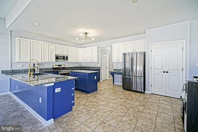 kitchen featuring a sink, a peninsula, white cabinetry, and stainless steel appliances