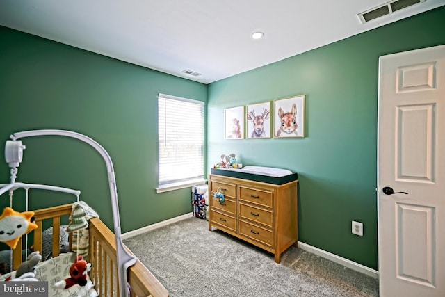 bedroom with recessed lighting, visible vents, carpet floors, and baseboards