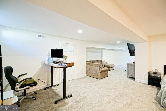 carpeted office space featuring visible vents, recessed lighting, and baseboards