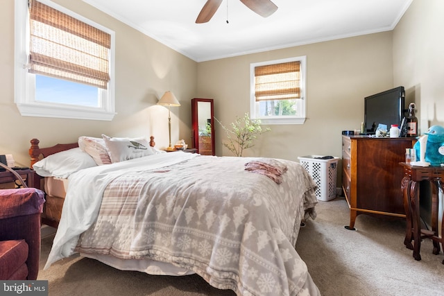 carpeted bedroom with ceiling fan and ornamental molding