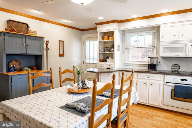 kitchen featuring ornamental molding, open shelves, white appliances, light wood-style floors, and decorative backsplash