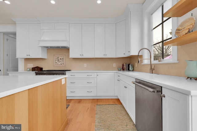 kitchen with white cabinetry, a sink, custom exhaust hood, and appliances with stainless steel finishes