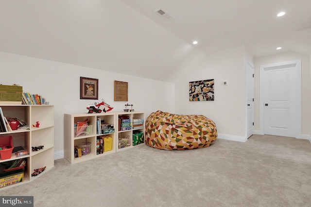 game room featuring carpet flooring, visible vents, and recessed lighting