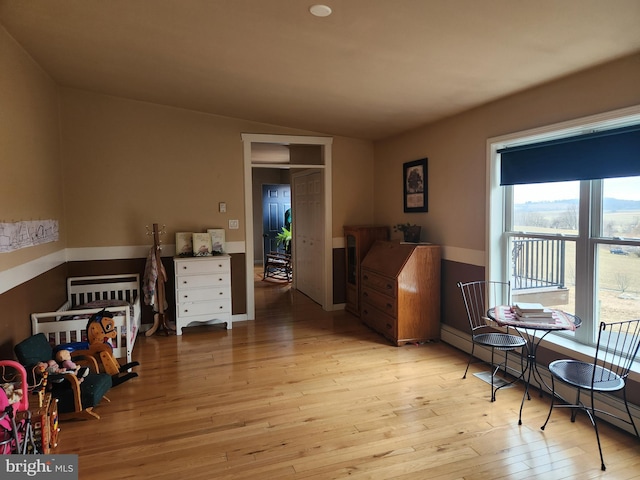 interior space featuring vaulted ceiling, light wood-type flooring, and a baseboard radiator