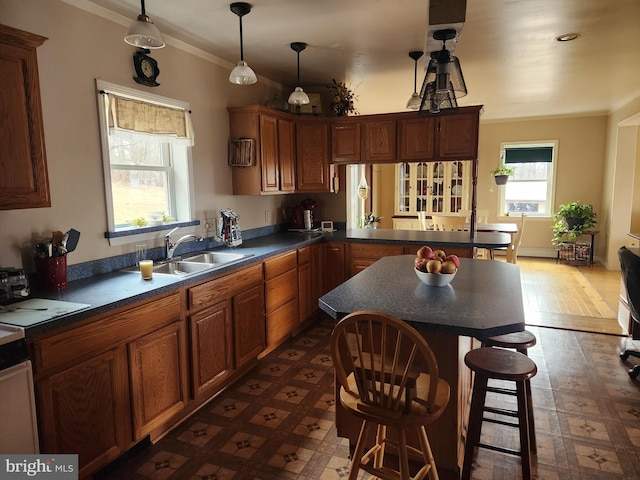 kitchen featuring a sink, dark countertops, and ornamental molding