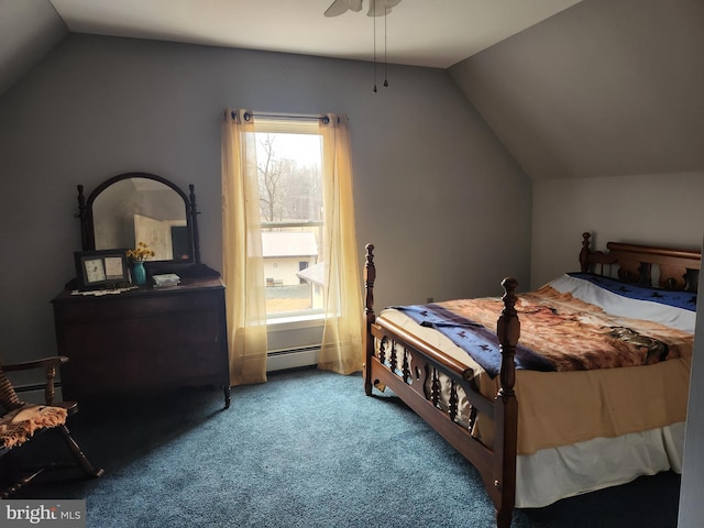 bedroom with carpet floors, a baseboard heating unit, and vaulted ceiling