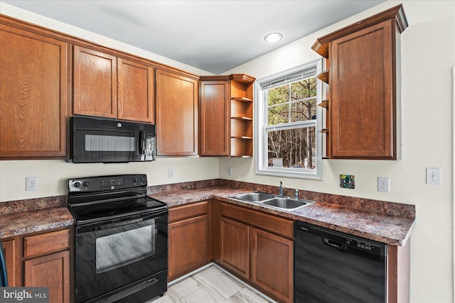 kitchen featuring black appliances, dark countertops, open shelves, and a sink