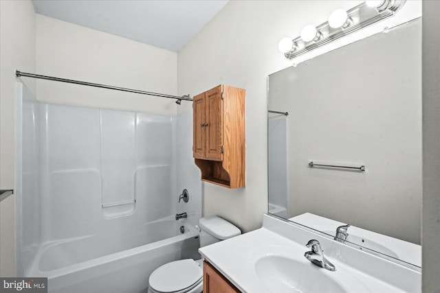 full bath with tub / shower combination, toilet, and vanity