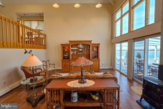 dining space with a wood stove, wood finished floors, a high ceiling, and baseboard heating