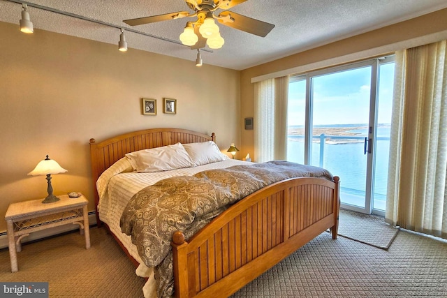 bedroom with carpet floors, ceiling fan, rail lighting, a textured ceiling, and access to outside