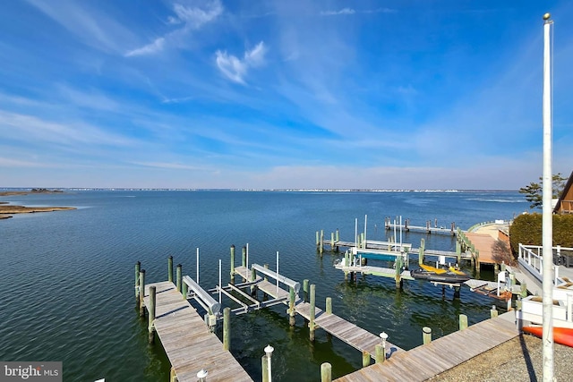 view of dock with a water view and boat lift