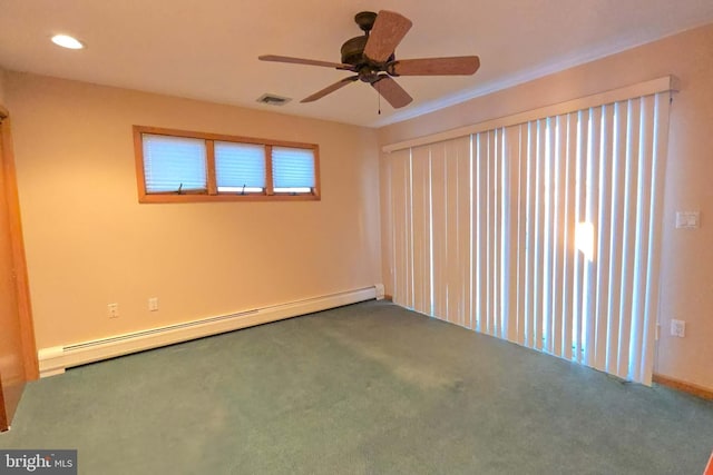 carpeted spare room with baseboard heating, recessed lighting, a ceiling fan, and visible vents