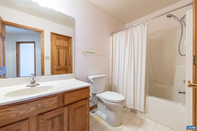 bathroom with toilet, shower / tub combo with curtain, and vanity