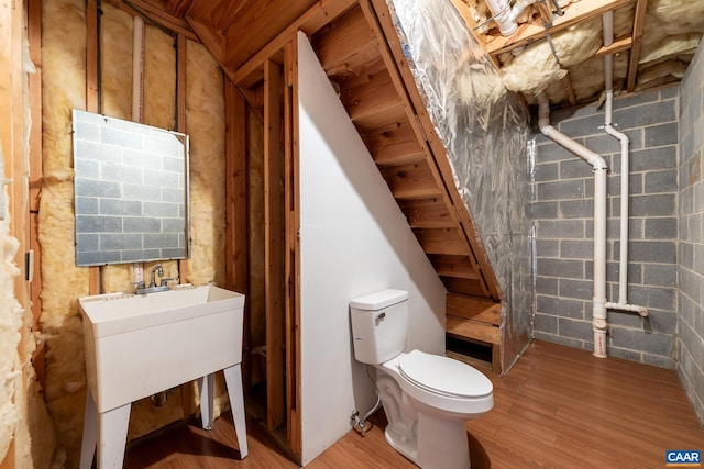 bathroom with a sink, toilet, and wood finished floors