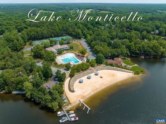 bird's eye view with a wooded view and a water view