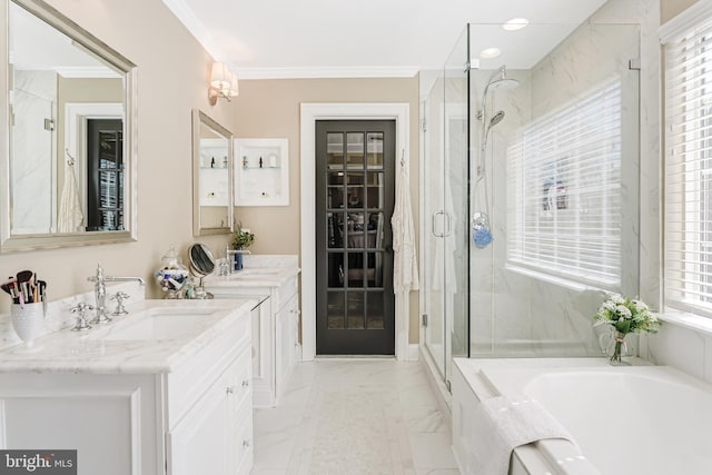 full bathroom featuring a marble finish shower, crown molding, a bath, marble finish floor, and vanity