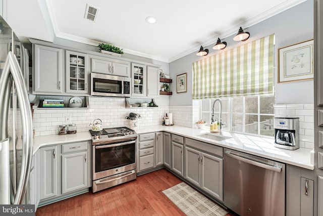 kitchen featuring a sink, appliances with stainless steel finishes, and gray cabinetry