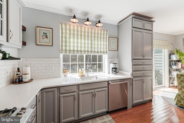 kitchen featuring wood finished floors, gray cabinets, ornamental molding, a sink, and stainless steel dishwasher