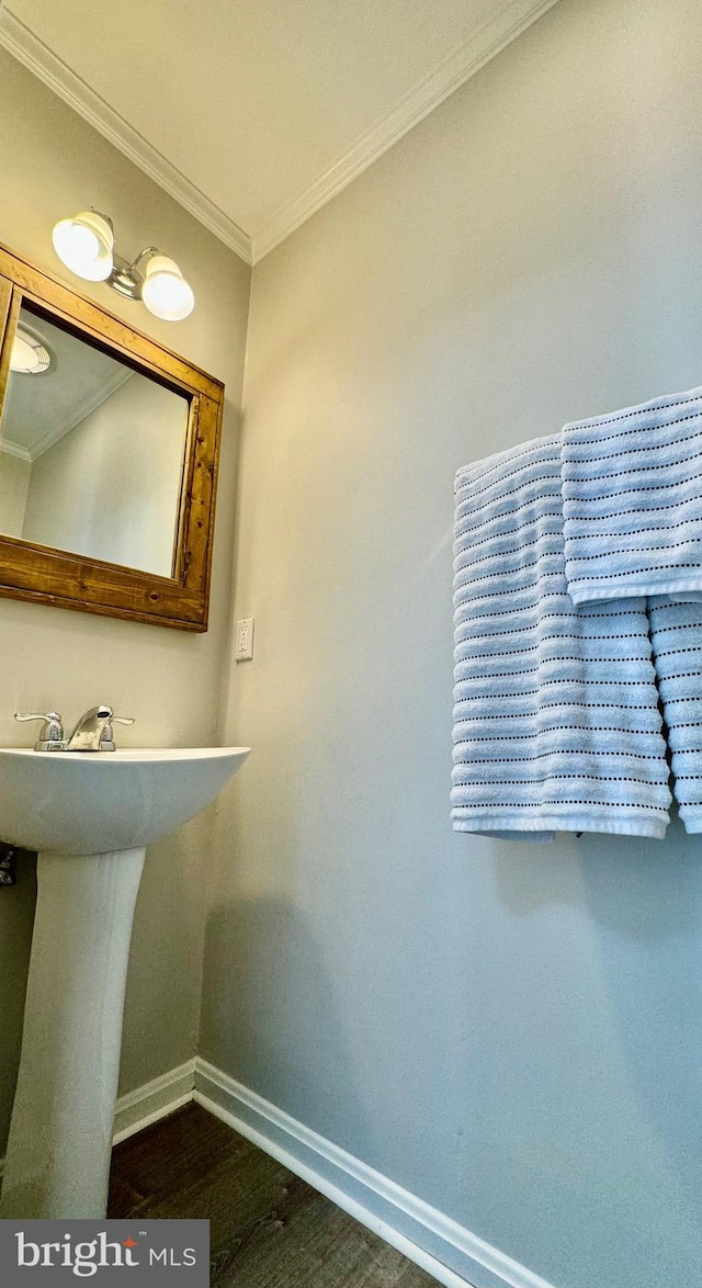 bathroom featuring crown molding, wood finished floors, baseboards, and a sink