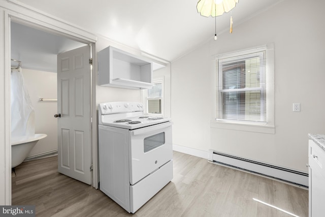 kitchen featuring white range with electric cooktop, light wood finished floors, open shelves, and a baseboard radiator